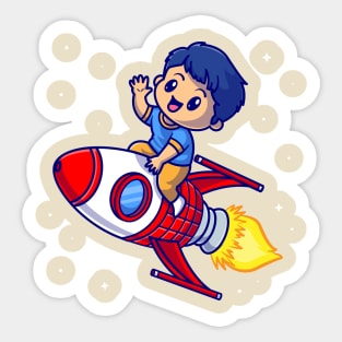 Cute Boy Riding Rocket In Space Cartoon Sticker